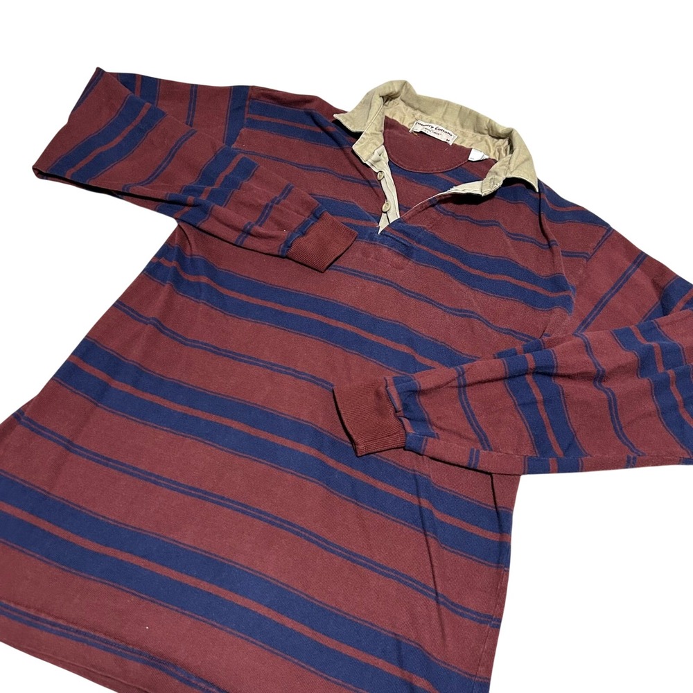 Country Cottons Rugby Mens M Burgundy Navy StripedLong Sleeve USA Made VTG 90s